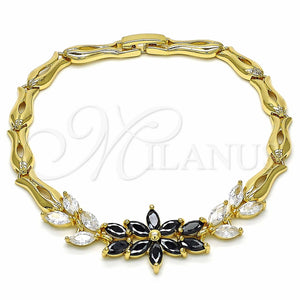 Pulsera Elegante 03.316.0070.08 Oro Laminado, Diseño de Flor y Oja, con Negro and Blanca Zirconia Cubica, Pulido, Tono Dorado (05 MM Thickness, 8 Inches Length)