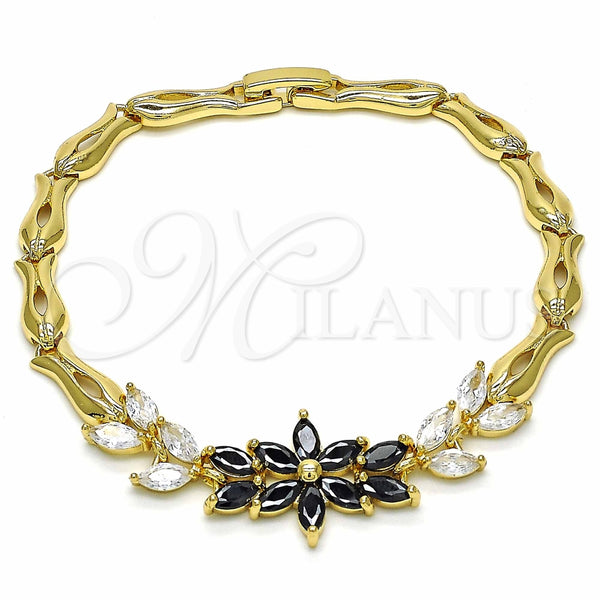 Pulsera Elegante 03.316.0070.08 Oro Laminado, Diseño de Flor y Oja, con Negro and Blanca Zirconia Cubica, Pulido, Tono Dorado (05 MM Thickness, 8 Inches Length)