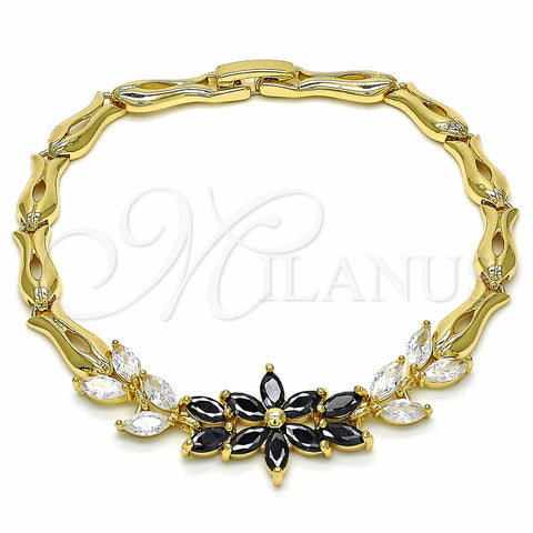 Pulsera Elegante 03.316.0070.08 Oro Laminado, Diseño de Flor y Oja, con Negro and Blanca Zirconia Cubica, Pulido, Tono Dorado (05 MM Thickness, 8 Inches Length)