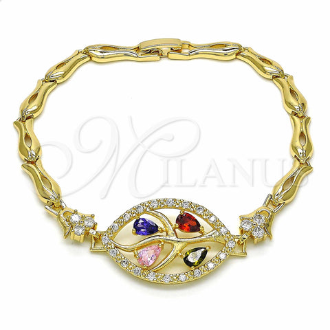 Pulsera Elegante 03.316.0071.1.08 Oro Laminado, Diseño de Oja y Pescado, con Multicolor Zirconia Cubica, Pulido, Tono Dorado (05 MM Thickness, 8 Inches Length)