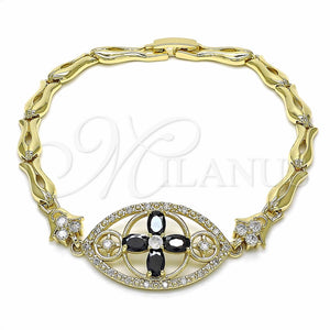 Pulsera Elegante 03.316.0073.08 Oro Laminado, Diseño de Flor y Pescado, con Negro and Blanca Zirconia Cubica, Pulido, Tono Dorado (05 MM Thickness, 8 Inches Length)