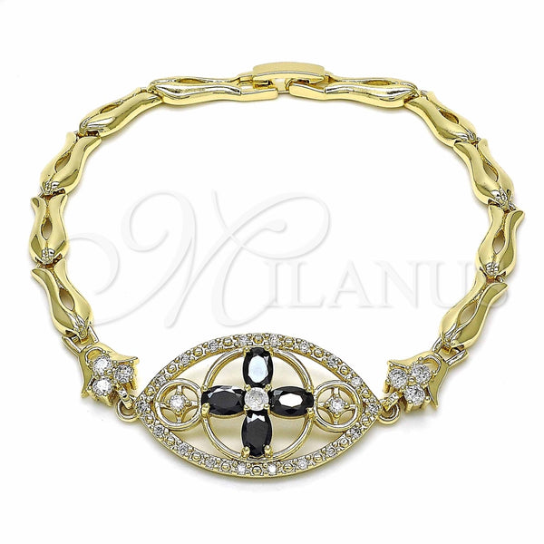 Pulsera Elegante 03.316.0073.08 Oro Laminado, Diseño de Flor y Pescado, con Negro and Blanca Zirconia Cubica, Pulido, Tono Dorado (05 MM Thickness, 8 Inches Length)