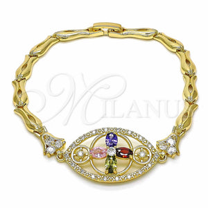 Pulsera Elegante 03.316.0073.1.08 Oro Laminado, Diseño de Flor y Pescado, con Multicolor Zirconia Cubica, Pulido, Tono Dorado (05 MM Thickness, 8 Inches Length)