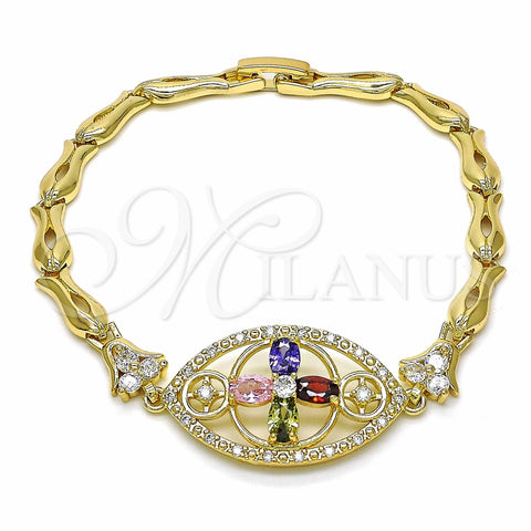 Pulsera Elegante 03.316.0073.1.08 Oro Laminado, Diseño de Flor y Pescado, con Multicolor Zirconia Cubica, Pulido, Tono Dorado (05 MM Thickness, 8 Inches Length)