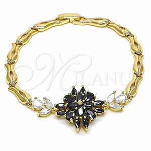 Pulsera Elegante 03.316.0074.08 Oro Laminado, Diseño de Flor y Pescado, con Negro and Blanca Zirconia Cubica, Pulido, Tono Dorado (05 MM Thickness, 8 Inches Length)