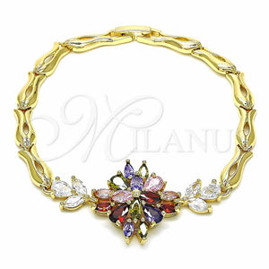 Pulsera Elegante 03.316.0074.1.08 Oro Laminado, Diseño de Flor y Pescado, con Multicolor Zirconia Cubica, Pulido, Tono Dorado (05 MM Thickness, 8 Inches Length)