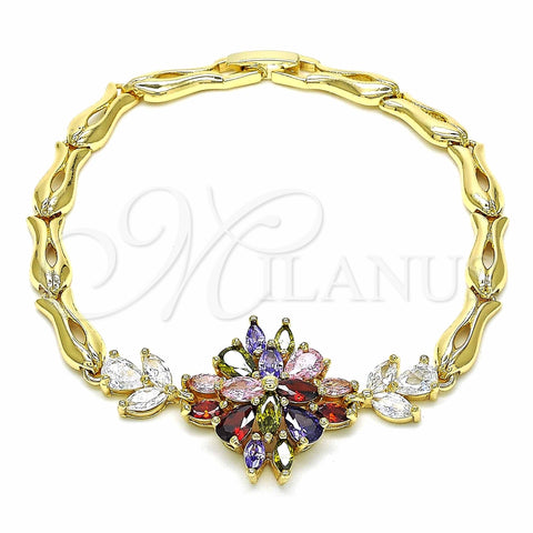 Pulsera Elegante 03.316.0074.1.08 Oro Laminado, Diseño de Flor y Pescado, con Multicolor Zirconia Cubica, Pulido, Tono Dorado (05 MM Thickness, 8 Inches Length)