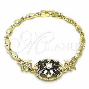Pulsera Elegante 03.316.0076.07 Oro Laminado, Diseño de Flor, con Negro and Blanca Zirconia Cubica, Pulido, Tono Dorado (04 MM Thickness, 7 Inches Length)