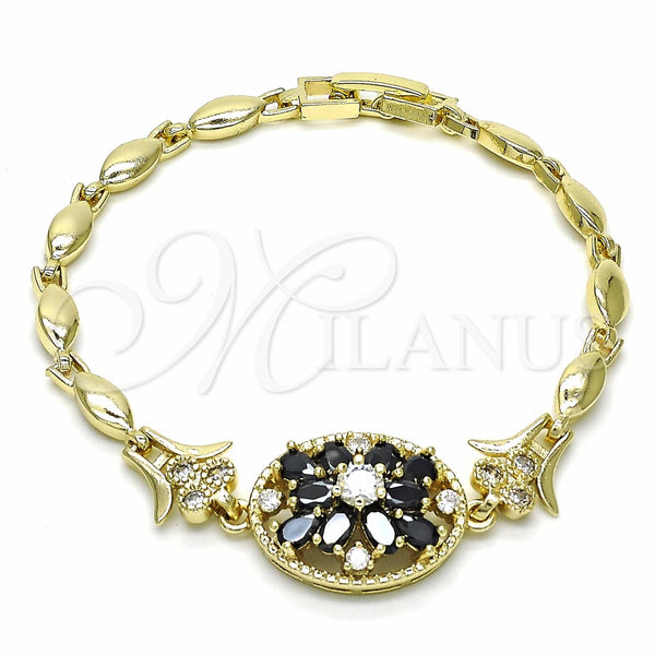 Pulsera Elegante 03.316.0076.07 Oro Laminado, Diseño de Flor, con Negro and Blanca Zirconia Cubica, Pulido, Tono Dorado (04 MM Thickness, 7 Inches Length)
