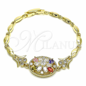 Pulsera Elegante 03.316.0076.1.07 Oro Laminado, Diseño de Flor, con Multicolor Zirconia Cubica, Pulido, Tono Dorado (04 MM Thickness, 7 Inches Length)