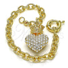 Pulsera de Dije 03.63.2211.08 Oro Laminado, Diseño de Corazón y Corona, con Blanca Cristal, Pulido, Tono Dorado (06 MM Thickness, 8 Inches Length)