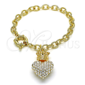 Pulsera de Dije 03.63.2211.08 Oro Laminado, Diseño de Corazón y Corona, con Blanca Cristal, Pulido, Tono Dorado (06 MM Thickness, 8 Inches Length)