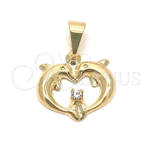 Dije Elegante 05.32.0071 Oro Laminado, Diseño de Delfín y Corazón, con Blanca Zirconia Cubica, Pulido, Tono Dorado