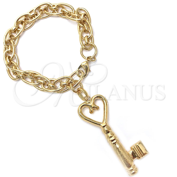 Pulsera de Dije 03.63.2179.08 Oro Laminado, Diseño de Llave, Pulido, Tono Dorado (11 MM Thickness, 8 Inches Length)