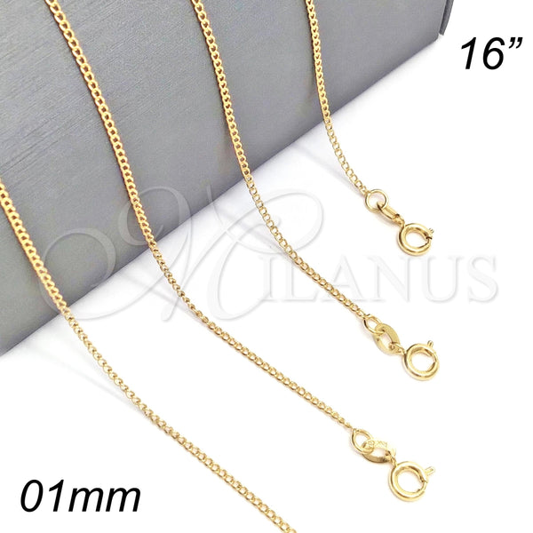 Gargantilla Basica 04.58.0003.16 Oro Laminado, Diseño de Cubana, Pulido, Tono Dorado (0.40 Gauge, 01 MM Thickness, 16 Inches Length)
