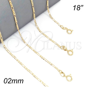 Gargantilla Basica 04.58.0004.18 Oro Laminado, Diseño de Figaro, Pulido, Tono Dorado (0.60 Gauge, 02 MM Thickness, 18 Inches Length)