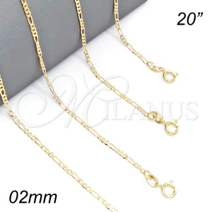 Gargantilla Basica 04.58.0004.20 Oro Laminado, Diseño de Figaro, Pulido, Tono Dorado (0.60 Gauge, 02 MM Thickness, 20 Inches Length)
