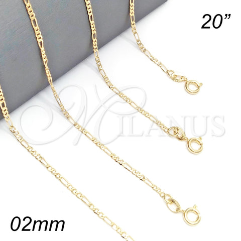 Gargantilla Basica 04.58.0004.20 Oro Laminado, Diseño de Figaro, Pulido, Tono Dorado (0.60 Gauge, 02 MM Thickness, 20 Inches Length)