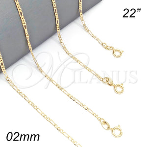 Gargantilla Basica 04.58.0004.22 Oro Laminado, Diseño de Figaro, Pulido, Tono Dorado (0.60 Gauge, 02 MM Thickness, 22 Inches Length)