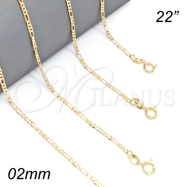 Gargantilla Basica 04.58.0004.22 Oro Laminado, Diseño de Figaro, Pulido, Tono Dorado (0.60 Gauge, 02 MM Thickness, 22 Inches Length)