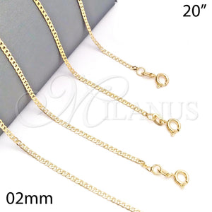Gargantilla Basica 04.58.0005.20 Oro Laminado, Diseño de Cubana, Pulido, Tono Dorado (0.60 Gauge, 02 MM Thickness, 20 Inches Length)