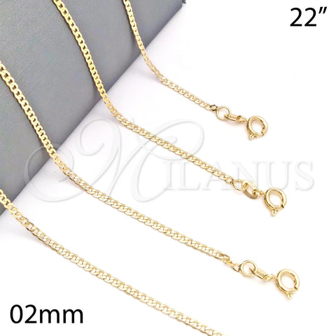 Gargantilla Basica 04.58.0005.22 Oro Laminado, Diseño de Cubana, Pulido, Tono Dorado (0.60 Gauge, 02 MM Thickness, 22 Inches Length)