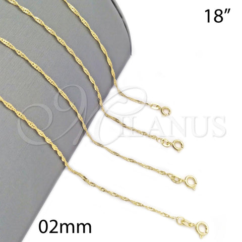 Gargantilla Basica 04.58.0006.18 Oro Laminado, Diseño de Singapore, Pulido, Tono Dorado (0.40 Gauge, 02 MM Thickness, 18 Inches Length)