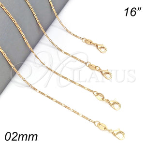 Gargantilla Basica 04.32.0020.16 Oro Laminado, Diseño de Figaro, Pulido, Tono Dorado (0.50 Gauge, 02 MM Thickness, 16 Inches Length)