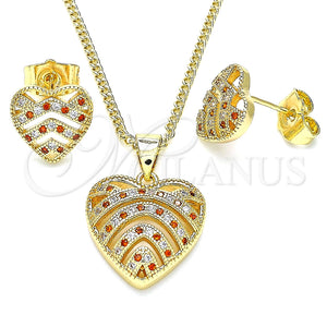 Juego de Arete y Dije de Adulto 10.156.0299.1 Oro Laminado, Diseño de Corazón, con Granate and Blanca Micro Pave, Pulido, Tono Dorado