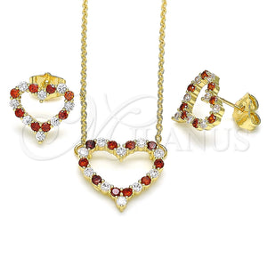 Juego de Arete y Dije de Adulto 10.156.0302.1 Oro Laminado, Diseño de Corazón, con Granate and Blanca Micro Pave, Pulido, Tono Dorado