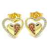 Arete Dormilona 02.156.0501.1 Oro Laminado, Diseño de Corazón, con Granate and Blanca Micro Pave, Pulido, Tono Dorado