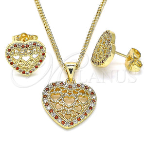 Juego de Arete y Dije de Adulto 10.156.0306.1 Oro Laminado, Diseño de Corazón, con Granate and Blanca Micro Pave, Pulido, Tono Dorado