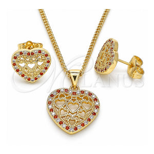Juego de Arete y Dije de Adulto 10.156.0306.1 Oro Laminado, Diseño de Corazón, con Granate and Blanca Micro Pave, Pulido, Tono Dorado