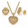 Juego de Arete y Dije de Adulto 10.156.0306.1 Oro Laminado, Diseño de Corazón, con Granate and Blanca Micro Pave, Pulido, Tono Dorado