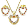 Juego de Arete y Dije de Adulto 10.156.0307.1 Oro Laminado, Diseño de Corazón, con Granate and Blanca Zirconia Cubica, Pulido, Tono Dorado