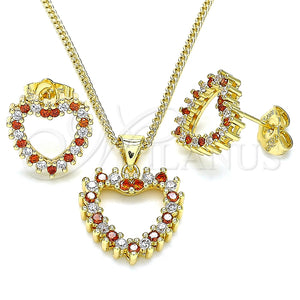 Juego de Arete y Dije de Adulto 10.156.0307.1 Oro Laminado, Diseño de Corazón, con Granate and Blanca Zirconia Cubica, Pulido, Tono Dorado