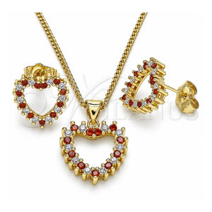 Juego de Arete y Dije de Adulto 10.156.0307.1 Oro Laminado, Diseño de Corazón, con Granate and Blanca Zirconia Cubica, Pulido, Tono Dorado