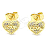 Arete Dormilona 02.156.0504 Oro Laminado, Diseño de Corazón y Amor, con Blanca Micro Pave, Pulido, Tono Dorado