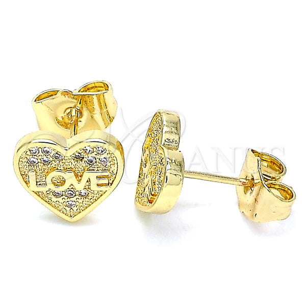 Arete Dormilona 02.156.0504 Oro Laminado, Diseño de Corazón y Amor, con Blanca Micro Pave, Pulido, Tono Dorado