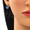 Arete Dormilona 02.213.0178 Oro Laminado, Diseño de Mariposa, con Blanca Micro Pave, Esmaltado Azul, Tono Dorado