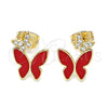 Arete Dormilona 02.213.0178.1 Oro Laminado, Diseño de Mariposa, con Blanca Micro Pave, Esmaltado Rojo, Tono Dorado