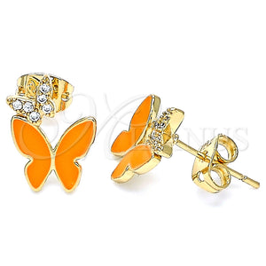 Arete Dormilona 02.213.0178.2 Oro Laminado, Diseño de Mariposa, con Blanca Micro Pave, Esmaltado Naranja, Tono Dorado