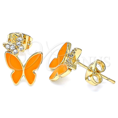 Arete Dormilona 02.213.0178.2 Oro Laminado, Diseño de Mariposa, con Blanca Micro Pave, Esmaltado Naranja, Tono Dorado