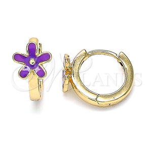 Argolla Huggie 02.213.0180.1.12 Oro Laminado, Diseño de Flor, Esmaltado Violeta, Tono Dorado