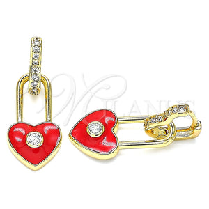 Argolla Huggie 02.213.0184.12 Oro Laminado, Diseño de Candado y Corazón, con Blanca Zirconia Cubica, Esmaltado Rojo, Tono Dorado