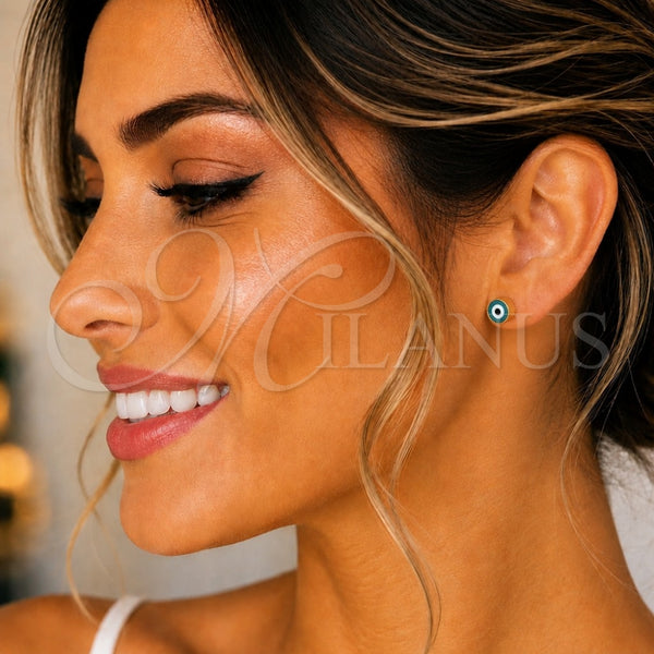 Arete Dormilona 02.213.0186 *PROMO* Oro Laminado, Diseño de Ojo Griego, Esmaltado Verde, Tono Dorado
