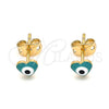 Arete Dormilona 02.213.0187 *PROMO* Oro Laminado, Diseño de Ojo Griego y Corazón, Esmaltado Verde, Tono Dorado