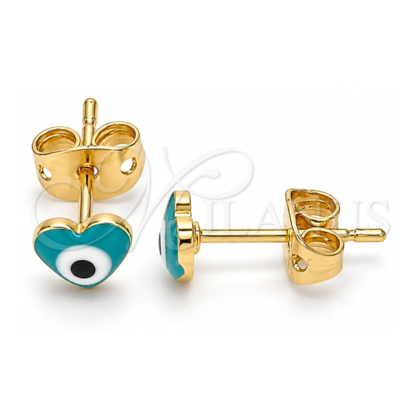Arete Dormilona 02.213.0187 *PROMO* Oro Laminado, Diseño de Ojo Griego y Corazón, Esmaltado Verde, Tono Dorado