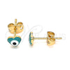 Arete Dormilona 02.213.0187 *PROMO* Oro Laminado, Diseño de Ojo Griego y Corazón, Esmaltado Verde, Tono Dorado