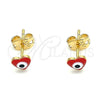 Arete Dormilona 02.213.0187.1 *PROMO* Oro Laminado, Diseño de Ojo Griego y Corazón, Esmaltado Rojo, Tono Dorado